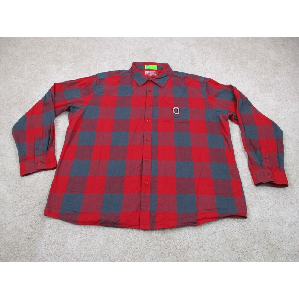 Ohio State Buckeyes Shirt Mens 2XL XXL Red Gray Plaid Flannel Casual Button Up *